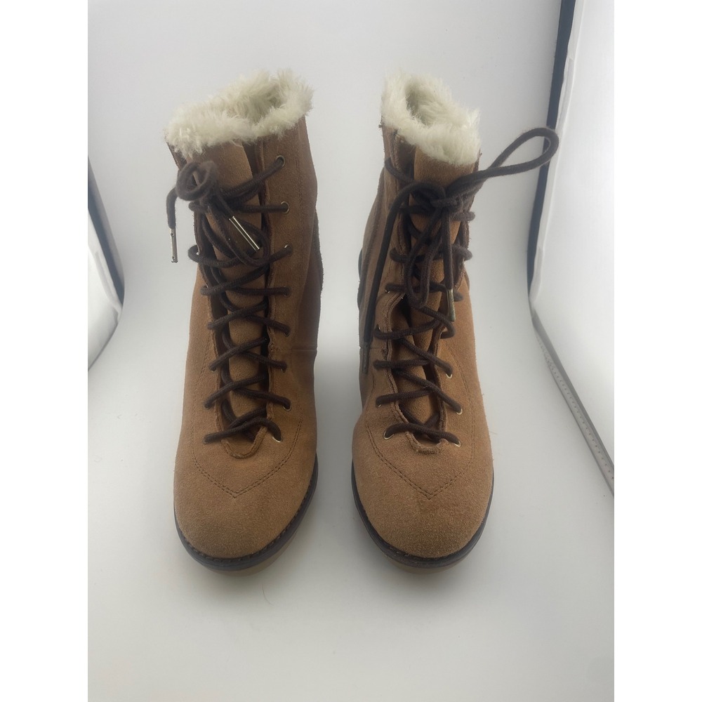 Michael Kors Suede Faux Shearling Wedge Ankle Boots, Size 6, lace-up Women's Tan